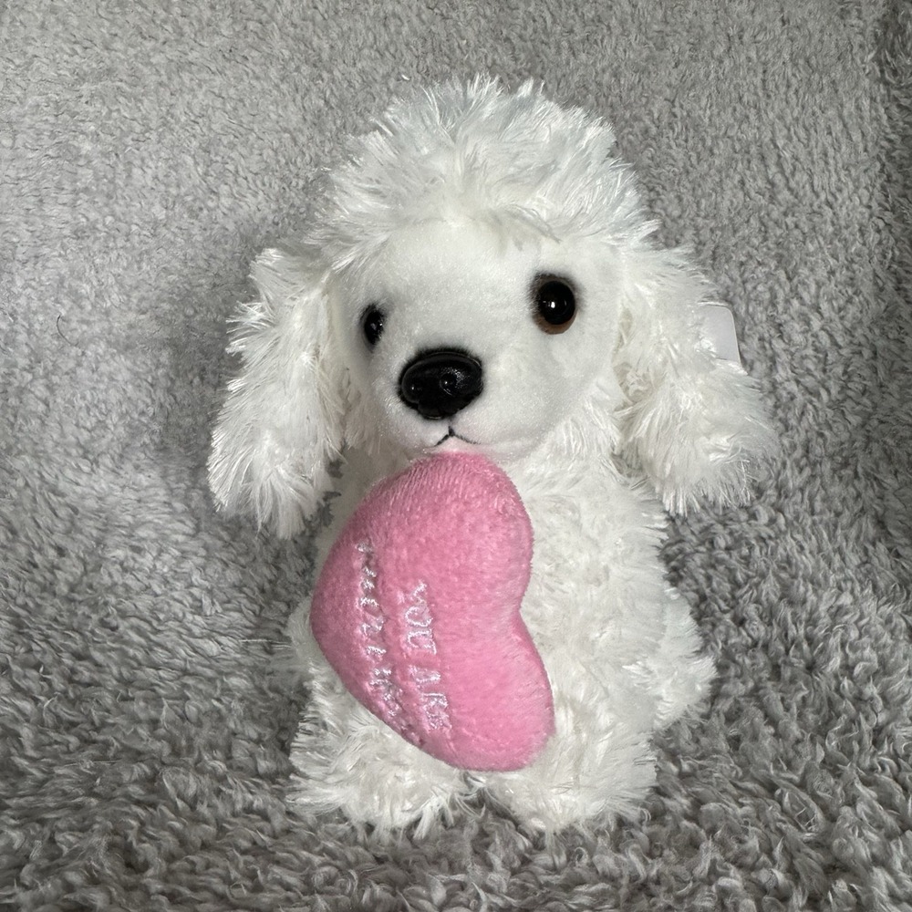 Aurora Poodle Plush 10" White Dog‎ Stuffed Animal Soft Toy Hanging Pink Heart - Picture 2 of 8